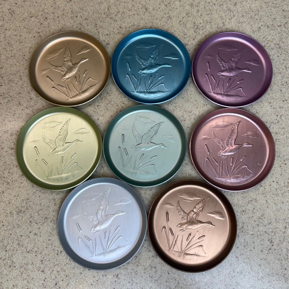 Vintage Anodized Aluminum Coasters Set of 8 Embossed Flying Duck Mallard Pastels